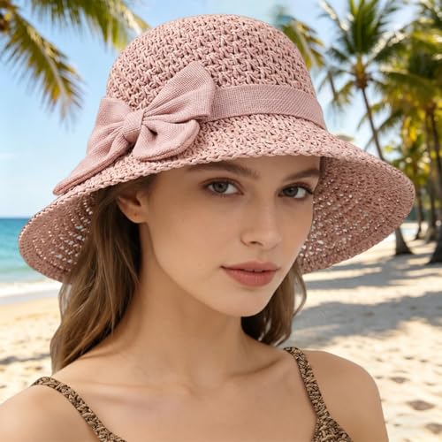 Sombrero de paja tejido para mujer con lazo y ala ancha miniatura 3