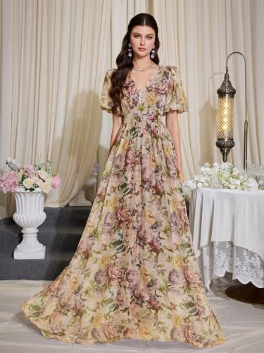 Image of TOLEEN Summer Casual Dresses for Women 2026 Spring Fashion Boho V Neck Long Sleeve Ruffle Floral Print Elegant Maxi Dress