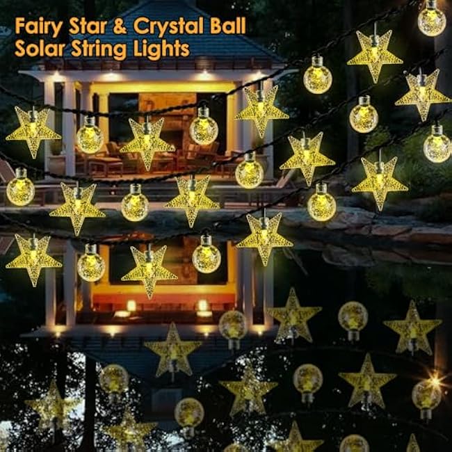 Solar String Lights Outside with 50LED Fairy Stars and Crystal Globes, Solar Twinkle Star Lights String, 32Ft Solar Globe Lights for Home Garden Party Halloween Thanksgiving Christmas Decor