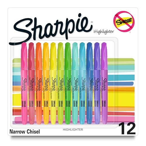 Sharpie Pocket Highlighters, Chisel Tip, Quick Dry, Assorted Fluorescent Colors, 12 Count - For Studying, Note-Taking, School, College, Office, Student & Teacher Supplies