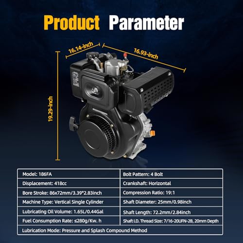 4 Stroke 10HP Diesel Engine, 418CC Single Cylinder Air-Cooled Diesel Motor, Horizontal Crankshaft Engine Diesel Tiller Motor for Farmland Operation and Garden Irrigation