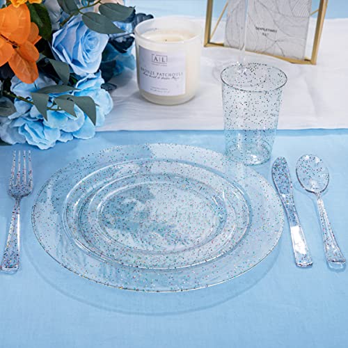 Rubtlamp 180Pcs Glitter Plastic Plates With Glitter Disposable Silverware, Clear Glitter Plates For 30 Guests Include 30Dinner Plates, 30Dessert Plates, 90Cutlerys, 30Cups For Party Spring Easter #TOP3