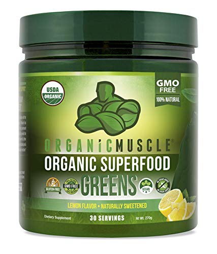 Organic Muscle Superfood Greens | USDA Certified Organic Green Juice Powder | Supports Gut Health, Energy & Weight Management | Lemon Flavor | 30 Servings
