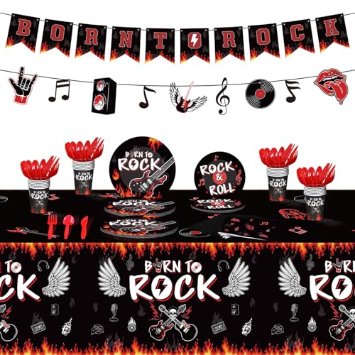 Yaomiao 172 Pcs Rock Theme Party Supplies Born to Rock Banner Music Note Garland Music Party Tableware Set Included Plates Napkins Cups Tablecloth Birthday Decorations by Yaomiao - Used condition - US$19.79