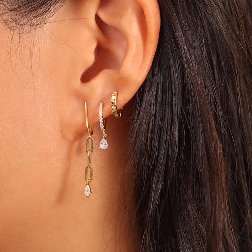 Image of Freekiss 3 Pairs Gold Hoop Earrings Set: Dainty Stud Earrings Trendy Small 14K Gold Plated Hypoallergenic Dangle Cartilage Huggie Hoop Earrings for Women Gold Jewelry for Women Gifts