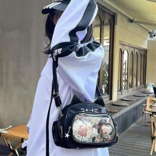 Image of Cat Ita Bag Pin Display Backpack for School PU Leather Preppy Backpack for Girl Y2k Single Shoulder Crossbody Bag