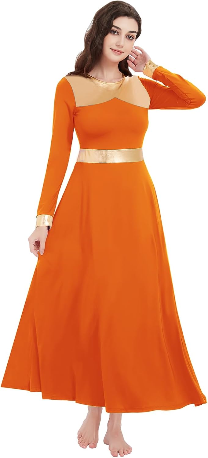 Long Sleeve Praise Dance Dress for Women Metallic Liturgical Worship Dance Costumes Lyrical Costume Church Robe