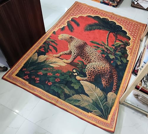 Image of Cotton Bolls Textiles Rugs for Living Room 5x7 Feet Large Size | Lightweight Foldable Carpet for Bedroom & Hall | Easy to Handle During Daily Cleaning | Travel Friendly Printed Rug | Leopard