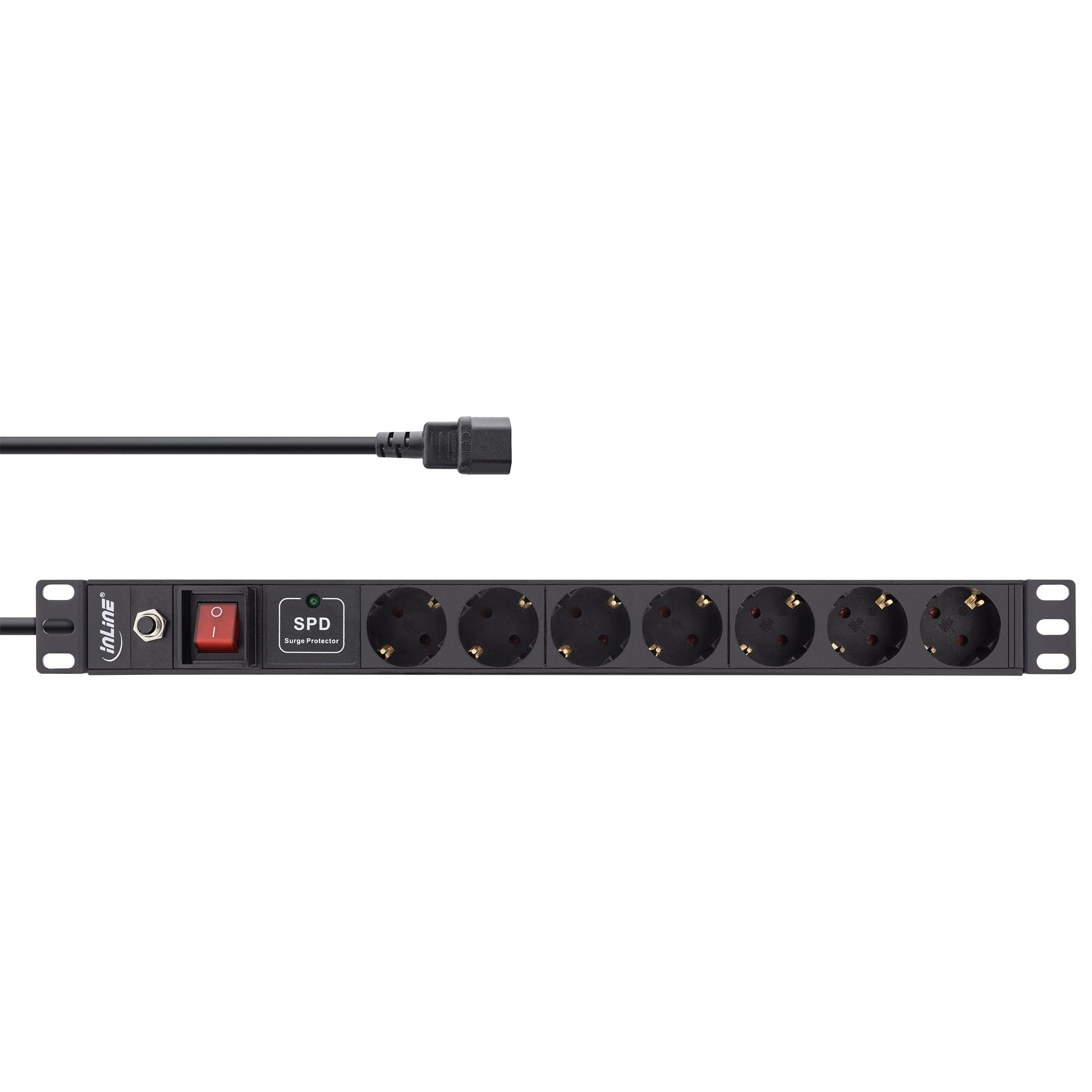 InLine® 19" Steckdosenleiste, 7-Fach Schutzkontakt, C14 Anschluss, ÜSS, Überlastschutz