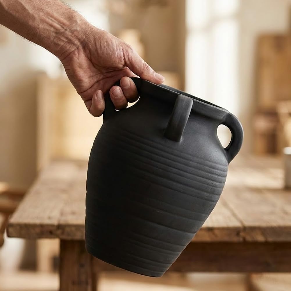 Handmade Flower Vase, 8.2" Rustic Terracotta Vase with 4 Handles, Vintage Ceramic Flower Vase, Matte Black Ear Pot for Entryway, Table, Shelf, Living Room, Fireplace, Home Decor (Clear Black)