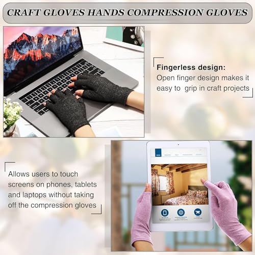 Image of 3 Pairs Craft Gloves Hands Compression Gloves Fingerless Pressure Gloves Joint Relief Hand Gloves for Quilting Support Sewing Knitting Typing Household Duties (S, Black, Gray, Purple)
