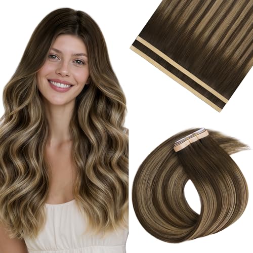 Image of GOO GOO Tape In Weft Hair Extensions Human Hair, Genius PU Long Weft Tape In Hair Extensions Real Human Hair, Silky Easy to Use, 4 /27 /4 Balayage Chocolate Brown to Caramel Blonde 20 inch 60g 2pcs
