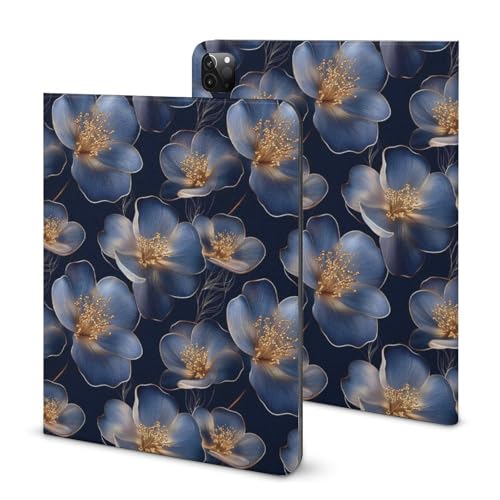 Coque iPad Pro 11 motif fleurs bleues pour modèles 2018 à 2022 avec support et porte-crayon