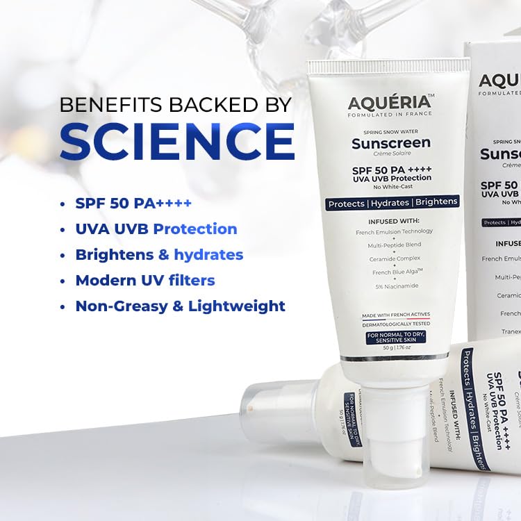Image of Aqueria Brightening & Moisturizing Multi-Active French Sunscreen SPF 50 PA++++ | In-Vivo /In-Vitro Tested | 5% Niacinamide, 5 Ceramides & Vitamin E | Modern UV Filters | Broad Spectrum UVA /UVB & Blue Light Protection | Lightweight, No White Cast, Sweat Resistant | Suitable for Daily Use | For Normal, Dry & Sensitive Skin | 100g