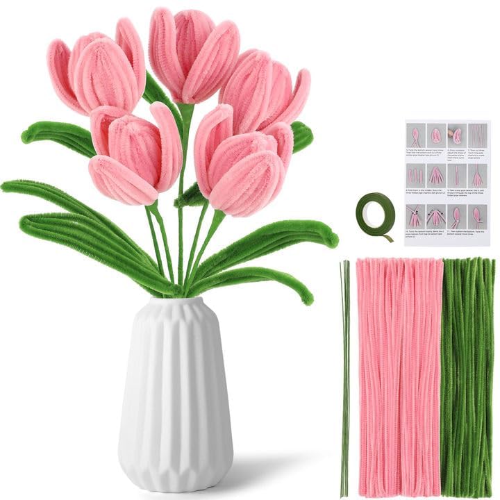 Pink & Green Pipe Cleaner Set with Floral Wire for DIY Craft Projects 100 Pipe Cleaners 30 Green Pipe Cleaners Instructions for Making Bouquets 5 Flower Kits
