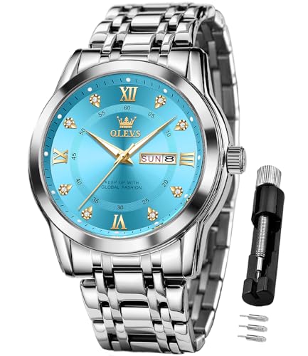 Image of OLEVS Mens Wrist Watch Green Big Face Luxury Dress Stainless Steel Analog Quartz Waterproof Chain Watch for Men Date