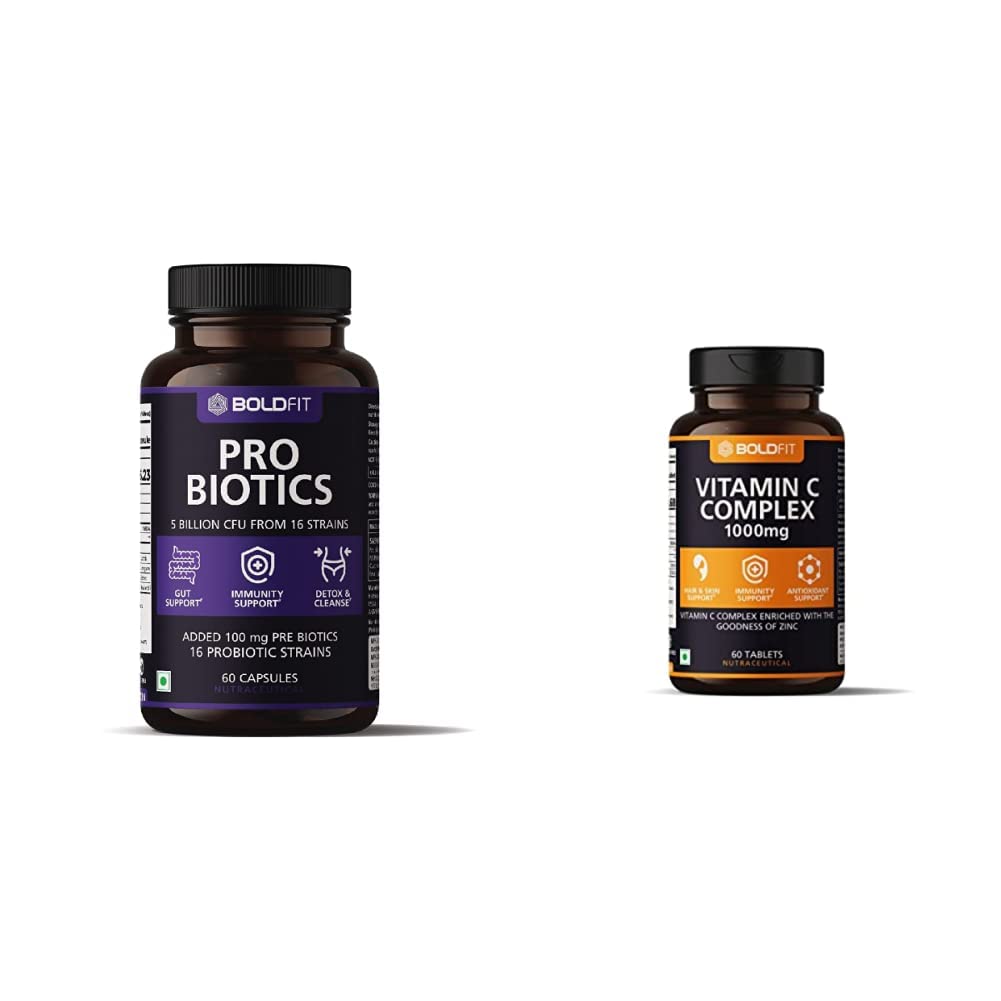 Probiotics Supplement 5 Billion CFU with 16 Strains & Prebiotics - 60 Capsules, White & Boldfit Vitamin C Complex 1000mg - 60 Tablets
