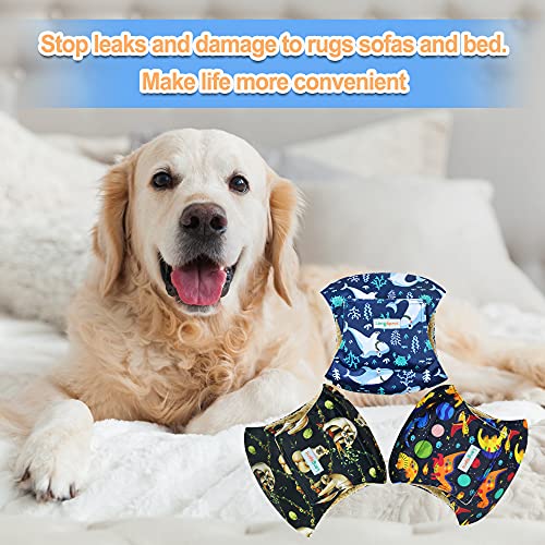 Langsprit Male Belly Bands for Dogs (Pack of 3) - High Absorbing Dog Wraps Male Washable - Reusable Small Doggy Doggie Puppy Male Dog Diapers(Sloth,Whale,Dinosaur, Large)