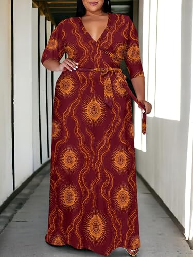 Image of PinkPatty Women's Plus Size Maxi Dress Print 3 /4 Sleeves V Neck Party Sundress Wedding Guest Dresses