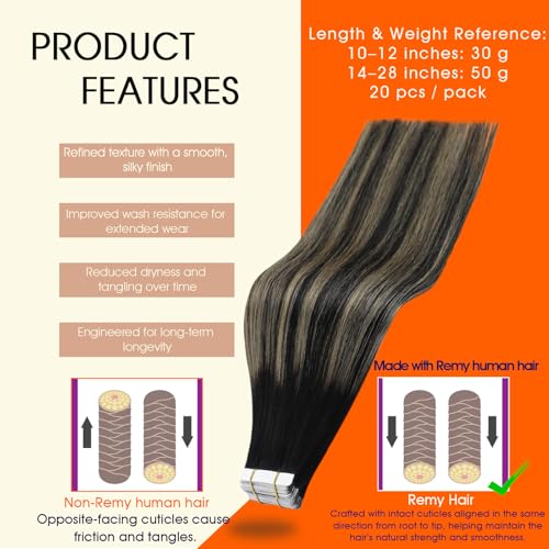 Image of Full Shine Tape ins Human Hair Extensions Balayage Tape in Hair Extensions 16Inch Seamless Skin Weft Tapes Extension 20pcs 1B Black to 27 Honey Blonde with 1B Invisible Straight Full Head 50G