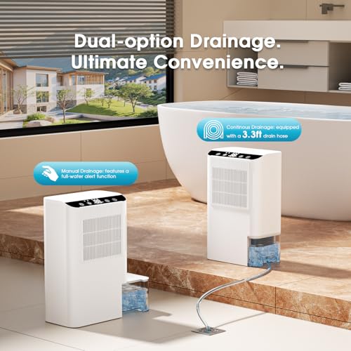 Image of Dehumidifiers for Home, 2000 Sq.Ft Small Dehumidifier with 3.3ft Drain Hose, 2.5L Tank, Timer Sleep Mode, Portable Dehumidifier for Basement, Bedroom, Bathroom (Milk White)