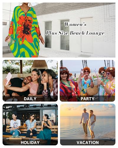 Image of Bsubseach Kaftan Dresses for Women Floral Print Plus Size Beach Cover Up | Lightweight V Neck Loose Fit Boho Dress, Batwing Sleeve Side Slit, Moo Moos for Women Home Loungwear Cruise Resort Wear