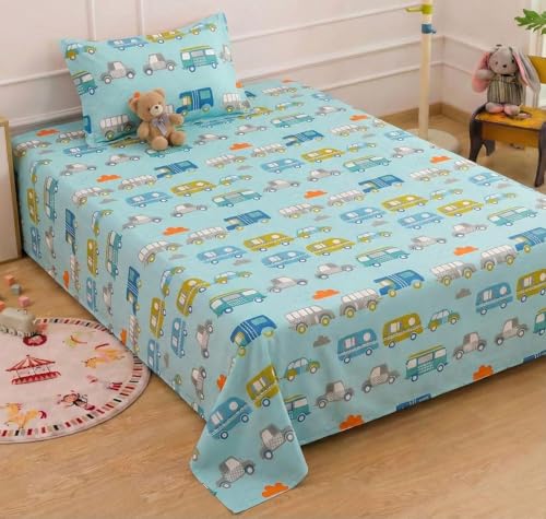 Image of RD FABS Glace Cotton Wrinkle Free Soft Hypoallergenic Single Bed Sheet with 1 Pillow Cover | Cartoon Printed Kids Bedsheet for Boys & Girls Room | 60x90 Inches | Sky Blue Car Bus Design | 144 TC