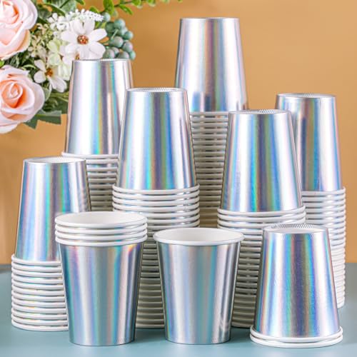 Funtery 100 Pcs Iridescent Paper Cups 9 oz Holographic Disposable Party Cups Beverage Drinkware Supplies for Bachelorette Birthday Disco Baby Shower Mermaid Party Wedding Anniversary Engagement