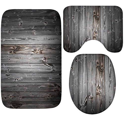 Badteppich Set,Badematten Teppich-Set 3-Teilig Graue Planken 3D-Druck rutschfeste Badematten Weiche Mikrofaser…