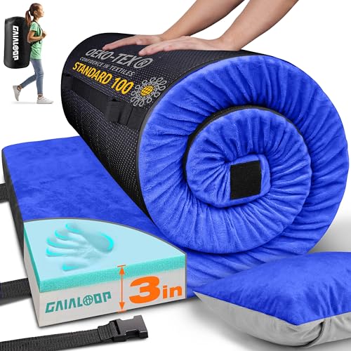 Image of GAIALOOP 3 Inch Memory Foam Camping Mattress, Dual Layer Thick Sleeping Camp Pad for Car Tent Cot, Roll-Up Portable Glamping Floor Bed for Guests Sleepover
