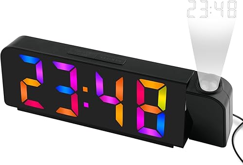 Juboos Reloj despertador de proyección, reloj despertador digital LED con proyector giratorio de 180 con carga USB y batería de memoria, repetición