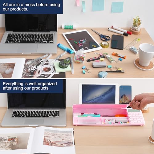 Image of Small Glass Desktop Whiteboard Dry-Erase-Board - Computer Keyboard Stand with Calculator White Board Surface Pad with Drawer, Desk Organizers with Accessories for Office, Home, School Supplies - Pink