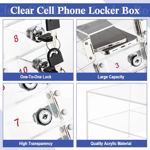 Image of Layhit Clear 10 Slots Cell Phone Locker Box for Classroom Clear Acrylic Cell Phone Storage Cabinet Bin with Door Locks for Classroom School Students Office Factory Employees