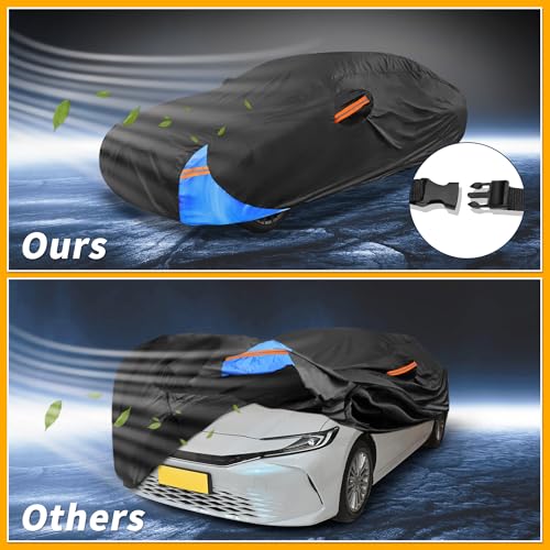 Image of Waterproof All-Weather Universal Car Cover with Right Side Zipper, 210D-PU Black Blue Fits for Sedan 185 inch to 192 inch Length