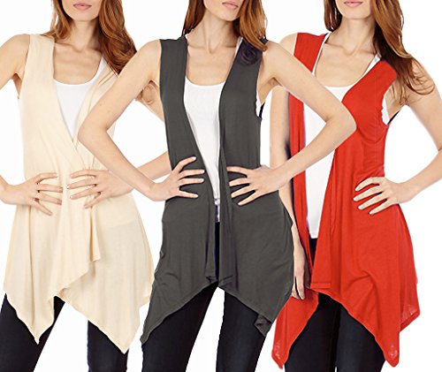3-Pack Sleeveless Light Weight Flyaway Cardigan Vest with Elastic Detail at Back