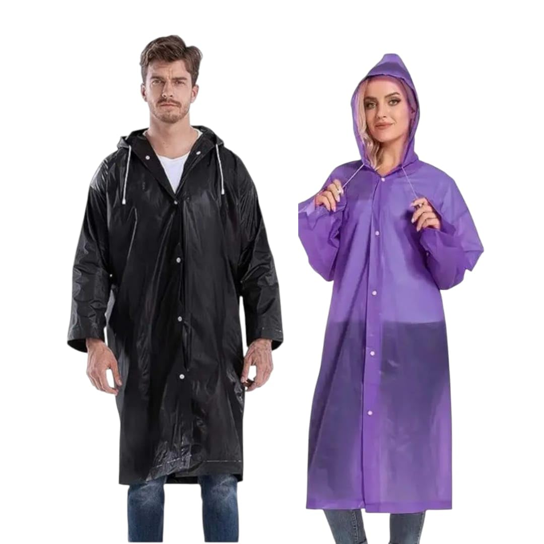 Natani Traders Reusable Raincoat with Drawstring Hood and Convenient Sleeves, Unisex, Black and Purple, 47 Inch Length (Pack of 2)-image-14