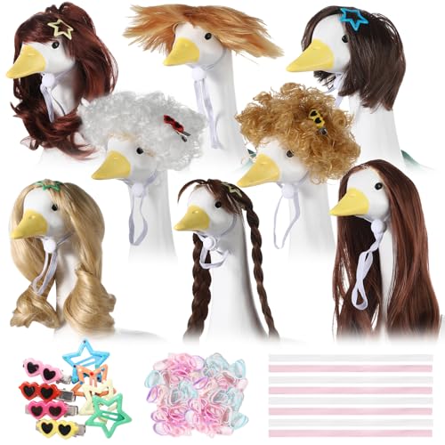 OBUSATT 8 Pcs Porch Goose Wigs Set Cute Lawn Statue Braid Wig with Hair Clips Hair Ties Ribbons Porch Goose Outfit Costume DIY Wigs Accessories for Outdoor Garden Patio Yard Goosey Decoration