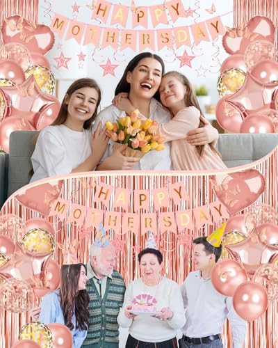 Image of Lutoys Rose Gold Happy Mothers Day Decorations, Happy Mother's Day Banner, Rose Gold Foil Heart Star Confetti Balloons Curtain Backdrop Hanging Swirls Party Decor for Mom Women