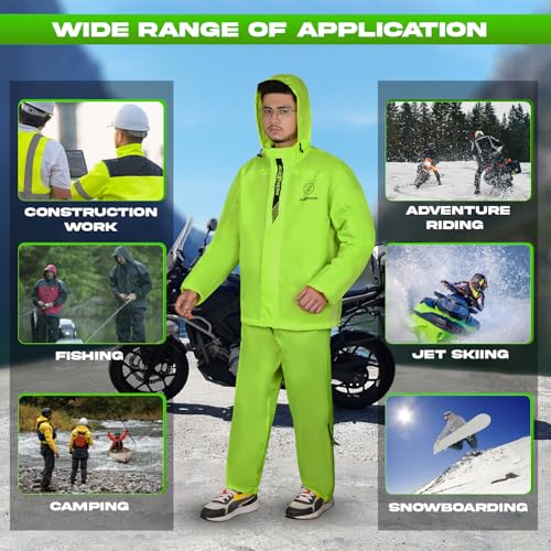 Image of Allextreme Waterproof Riding Jacket Rain Cover Set with Pant & Hood | Lightweight Adjustable Raincoat Top & Bottom Suit for Bike Riders Men & Women | Durable Windproof Rainwear (S, Neon Green)