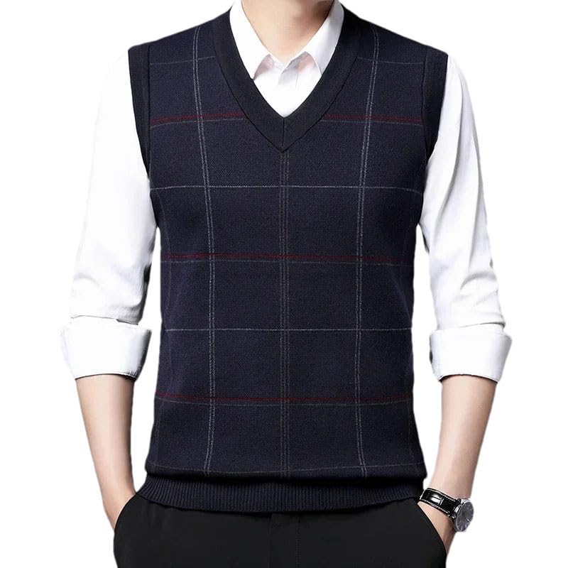 Men's Business Sweater Vest Sleeveless Checkered Casual Knitted V Neck Pullovers Sweater Tank Tops