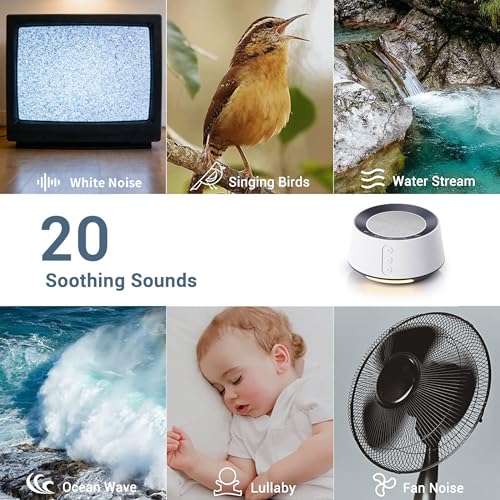 BGOVERSS White Noise Machine with Night Light – 20 Soothing Sounds, 10 Color Lights, 5 Timer Settings & Memory Function, Portable Sleep Sound Machine for Baby Nursery, Kids & Adults (White) - Image 3