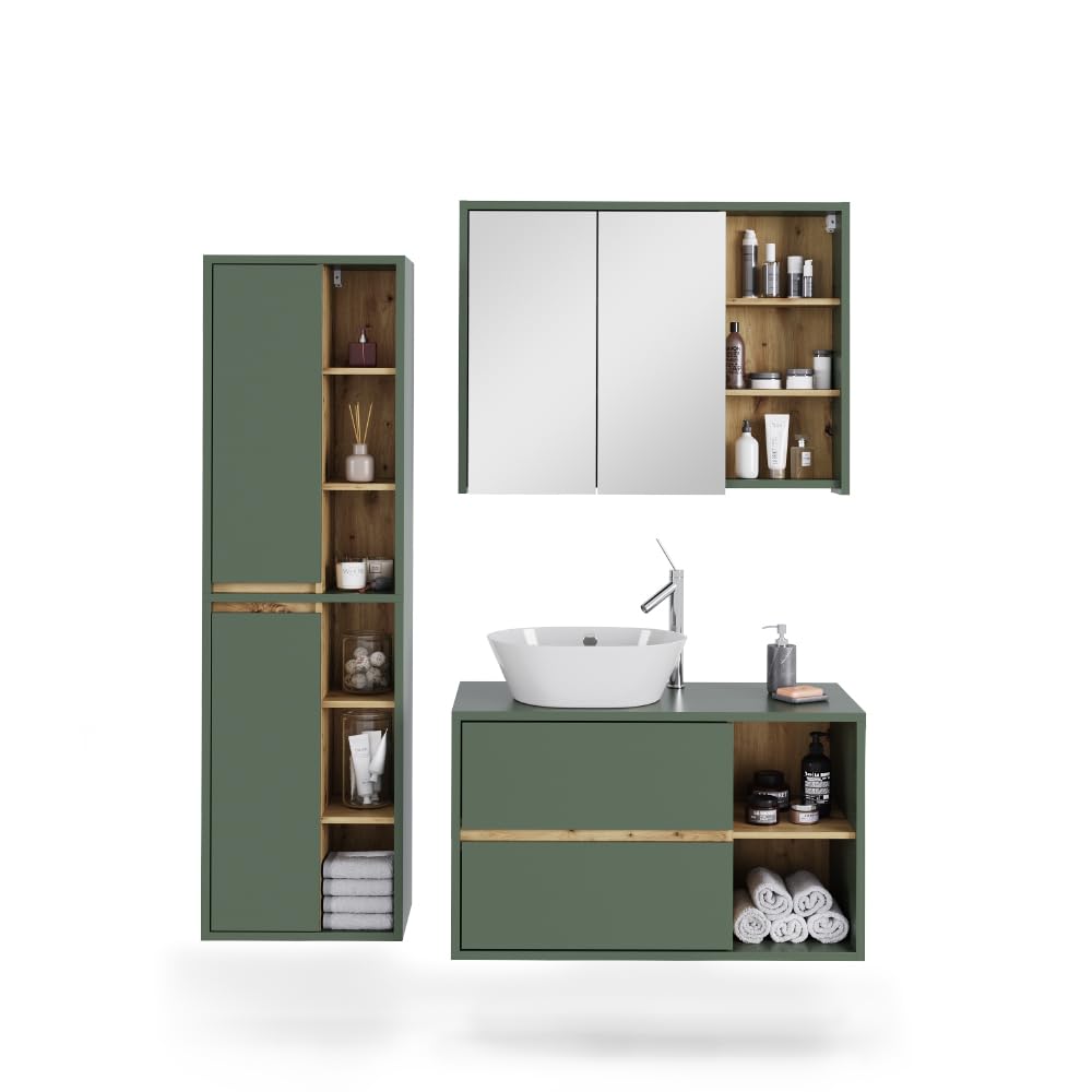 Vicco Conjunto de Muebles de Cuarto de baño Viola, Verde/Artesano, 100 cm | compuesto por mueble bajo lavabo, espejo con armario y columna de baño