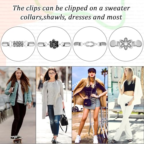 Image of 5Pieces Vintage Sweater Clip to Hold Sweater Together, Cloak Clasp Cardigan Clip Collar Retro Cloak Brooches and Silver Shawl Pins