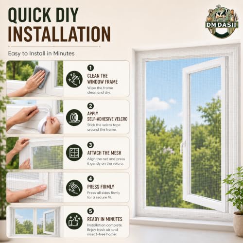 Image of DM DASII Window Mosquito Net with Self Adhesive Velcro Tape | Fiberglass Mesh Window Insect Screen | Washable Reusable Fly Bug Protection Mesh for Home | White, 2 * 3 ft |