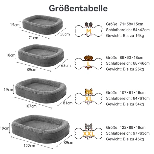 Pawk Orthopädisches Hundebett Grosse Hunde, Vierseitiges Nackenrolle Kissen Hundebett Orthopädisch, Memory Foam Hundekorb XL Wasserdicht rutschfest, Hundebetten Abnehmbar und Waschbar