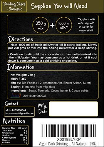 Image of La Casa Vegan Dark Drinking Chocolate - Turmeric | Gluten Free | All Natural | 250g |