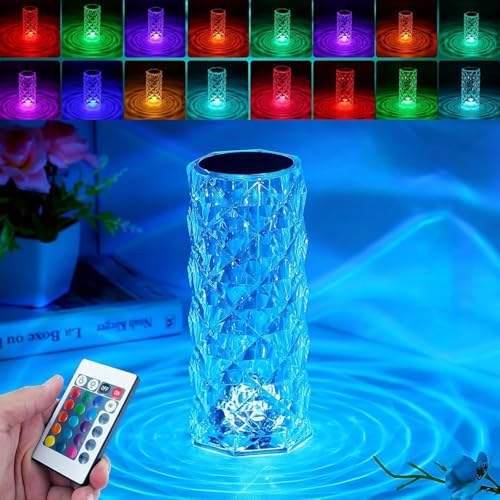 Crystal Table Lamp Touch 16 Color Changing Night Light Rechargeable Dimmable RGB Rose Diamond Ambient Mood Lighting Protable Cordless Desk Lamp Bedside Led Light for Bedroom Living Room Party