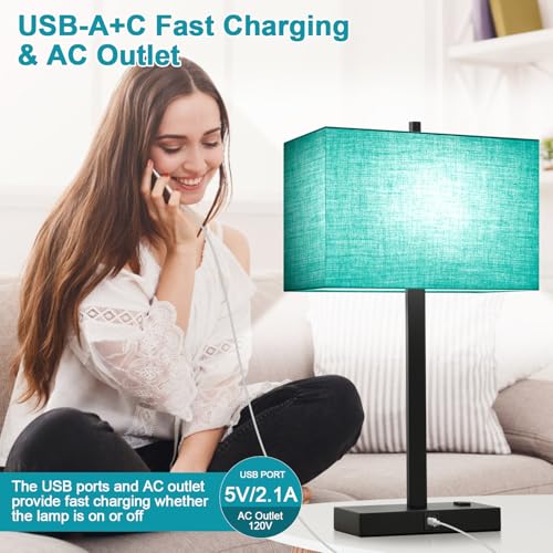 Image of Lynnoland 21 inch Set of 2 Table lamp with USB A+C & AC Outlets, Touch Control 3-Way Dimmable Nightstand Lamps for Bedroom Living Room Office Reading, Green Shade Touch Lamps, 5000K LED Bulbs Included