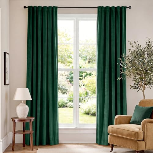 Image of Blackout Emerald Green Velvet Curtains 52x84 Inch 2 Panels | Soft Velvet, For Bedroom & Living Space, Light Shifting Texture, Elegant Drape, Classic, Rod Pocket