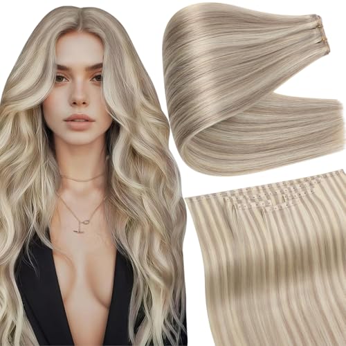 Image of Full Shine Butterfly Weft Hair Extensions Human Hair 24 Inch 100G 5Pcs | Ash Blonde Highlight Bleach Blonde, Breathable OVO Weft, Seamless Micro Beads, Invisible Pu Holes, Daily Wear Solution